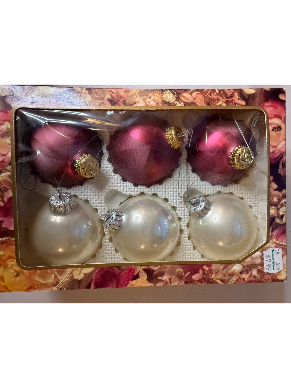 Vintage Krebs Renaissance Glass Ornaments Set 6 Pink Pearl Original Box
